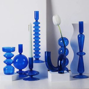 Blue Glass Candlestick Vases